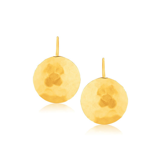 14k yellow gold hammered texture disc drop earrings, medium by Avera Group