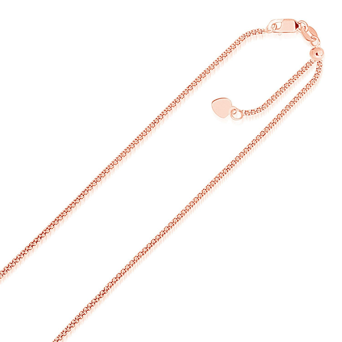 14k rose gold adjustable popcorn chain with heart dangle, 1.30mm, Avera Group