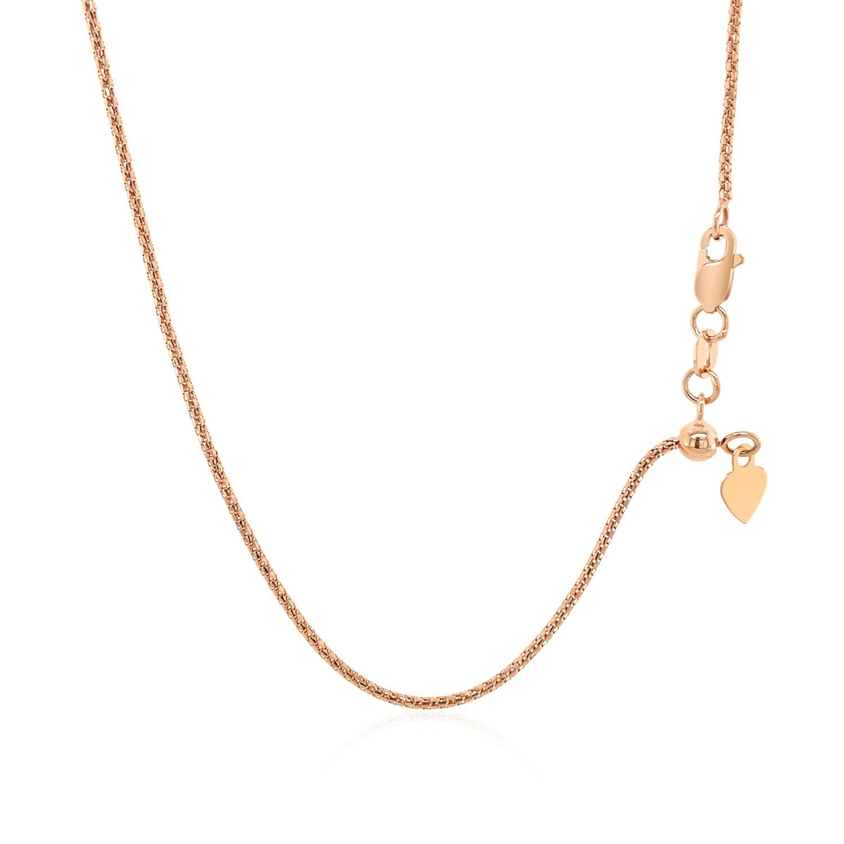 14k rose gold adjustable popcorn chain with heart dangle, 1.30mm, Avera Group, view 3