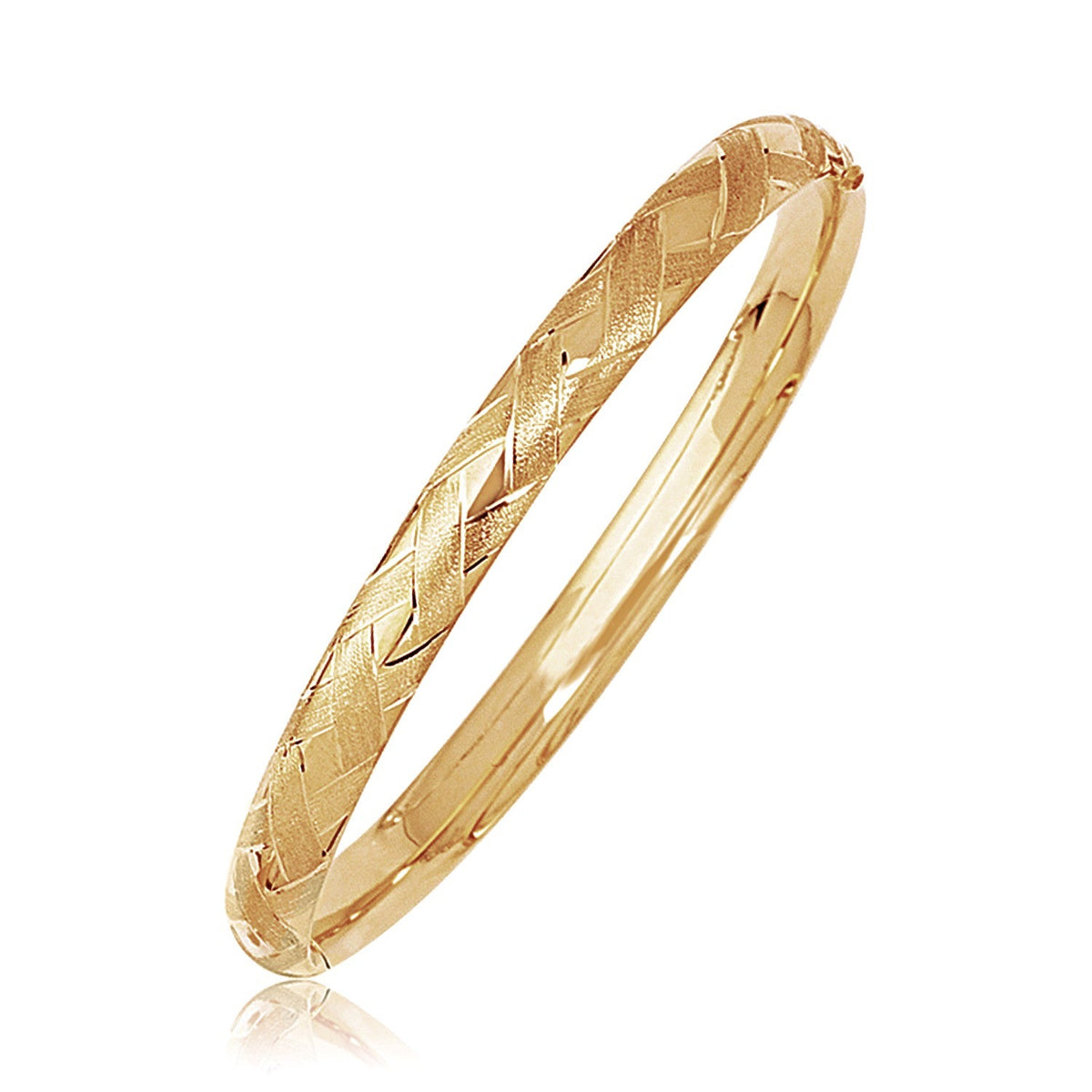14k yellow gold domed bangle with textured weave motif by Avera Group