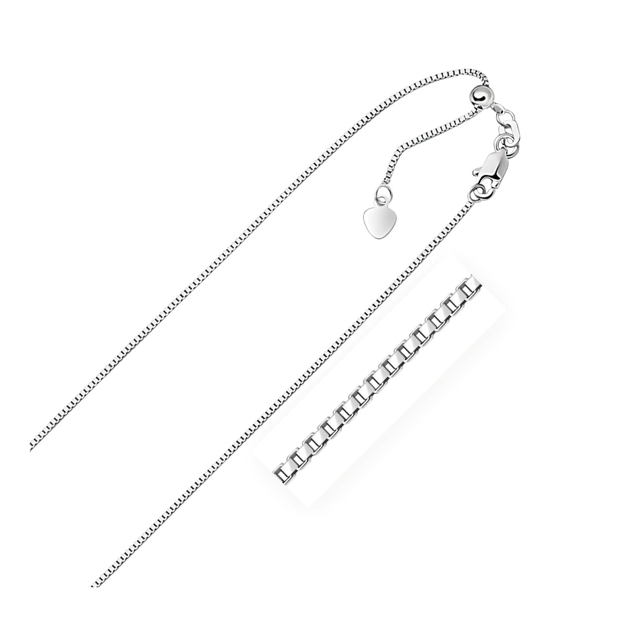14k white gold adjustable box chain with heart dangle, 0.85mm, by Avera Group