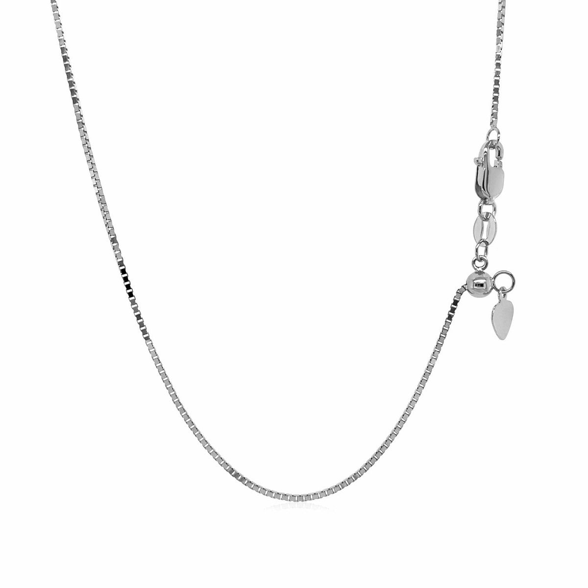 14k white gold adjustable box chain with heart dangle, 0.85mm, by Avera Group, view 2