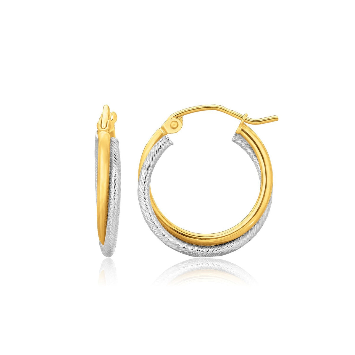 14k two-tone gold double polished and textured hoop earrings by Avera Group