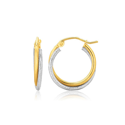 14k two-tone gold double polished and textured hoop earrings by Avera Group
