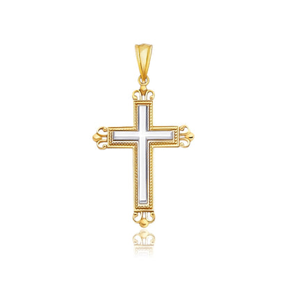 14k two-tone gold budded cross pendant with bead border, 1.5 inch, by Avera Group
