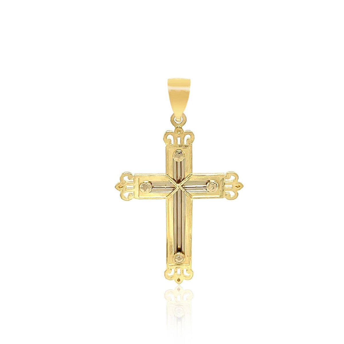 14k two-tone gold budded cross pendant with bead border, 1.5 inch, by Avera Group, view 2