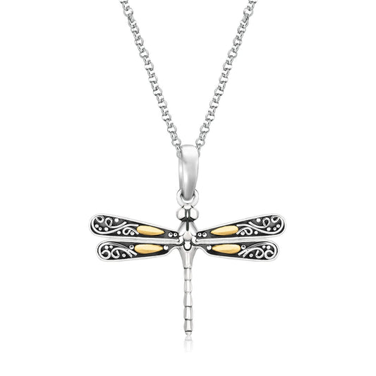 18k yellow gold and sterling silver dragonfly pendant with scrollwork wings by Avera Group