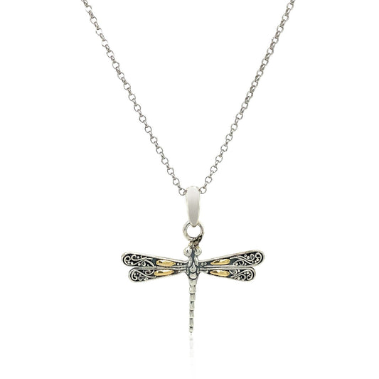 18k yellow gold and sterling silver dragonfly pendant with scrollwork wings by Avera Group, view 2