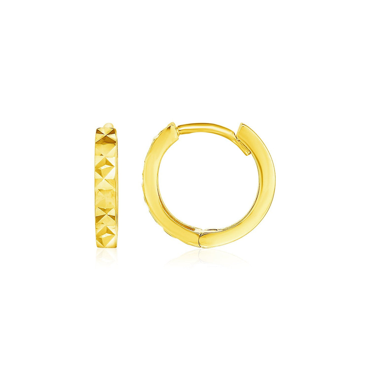 14k yellow gold petite round hoops with geometric texture by Avera Group
