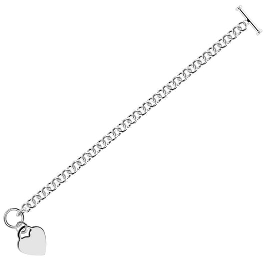 Sterling Silver Rhodium Plated Rolo Chain Bracelet with a Heart Charm by Avera Group
