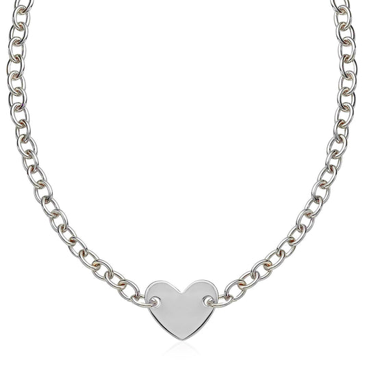 Sterling Silver Rhodium Plated Chain Bracelet with a Flat Heart Motif Station by Avera Group