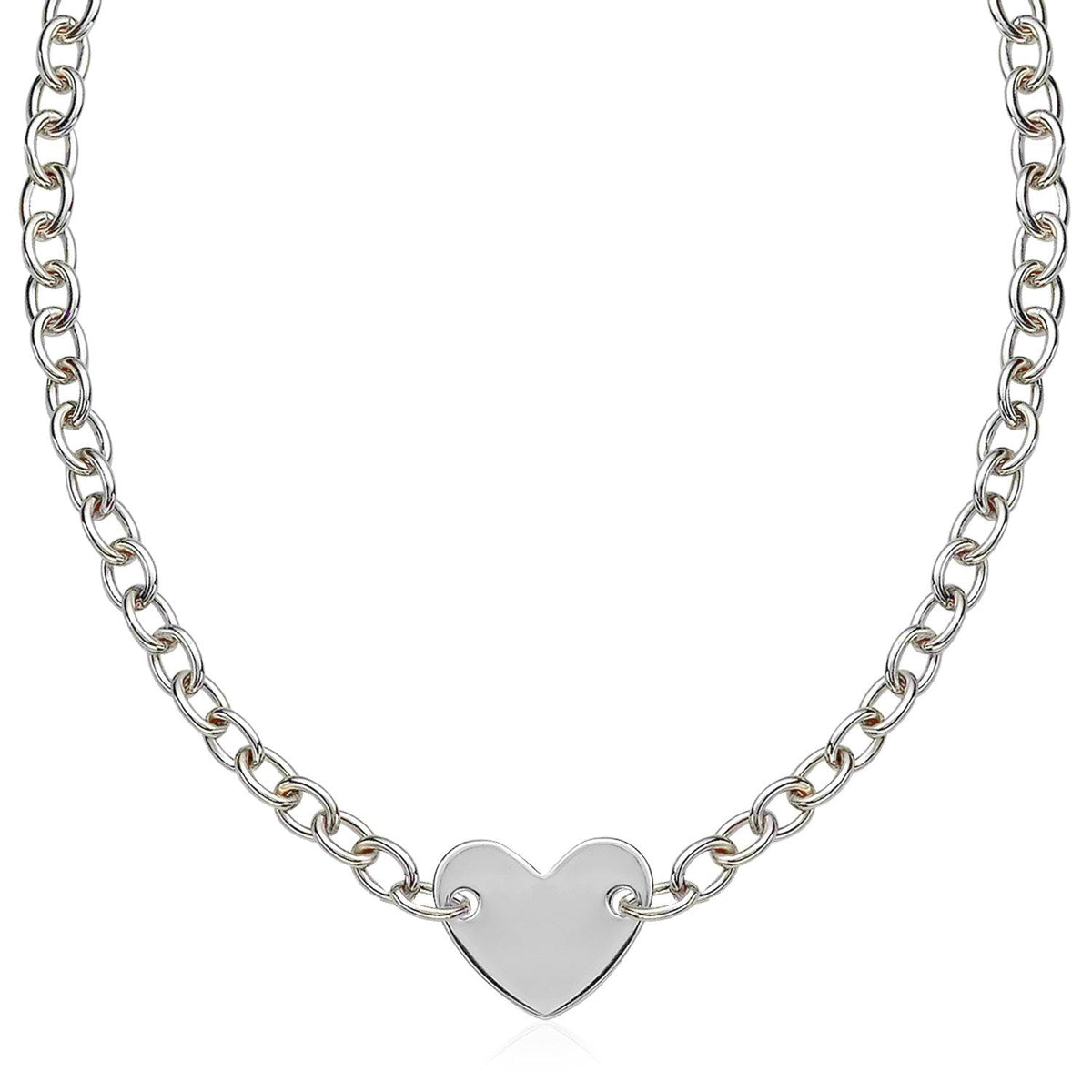 Sterling Silver Rhodium Plated Chain Bracelet with a Flat Heart Motif Station by Avera Group
