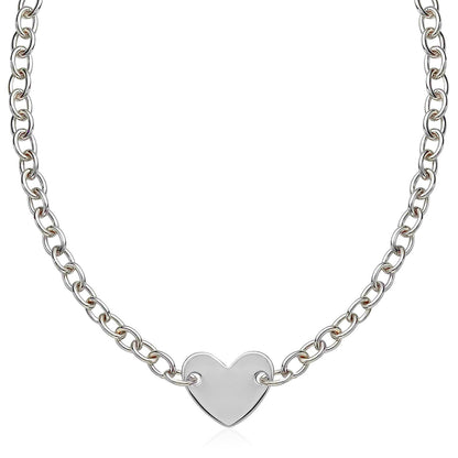 Sterling Silver Rhodium Plated Chain Bracelet with a Flat Heart Motif Station by Avera Group