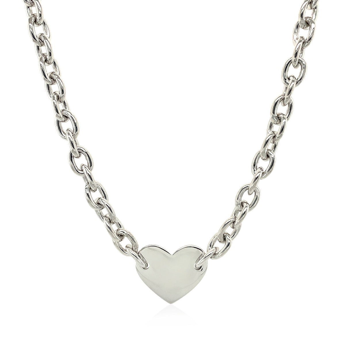Sterling Silver Rhodium Plated Chain Bracelet with a Flat Heart Motif Station by Avera Group