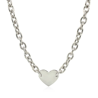 Sterling Silver Rhodium Plated Chain Bracelet with a Flat Heart Motif Station by Avera Group