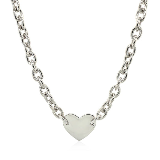 Sterling Silver Rhodium Plated Chain Bracelet with a Flat Heart Motif Station by Avera Group