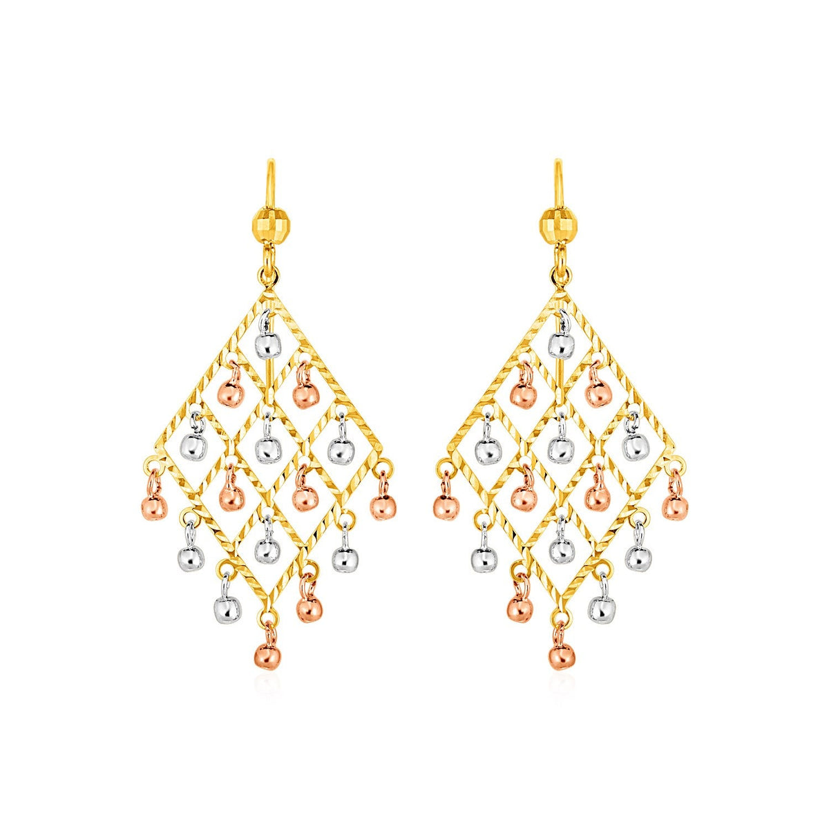Textured Chandelier Earrings with Ball Drops in 14k Tri Color Gold by Avera Group
