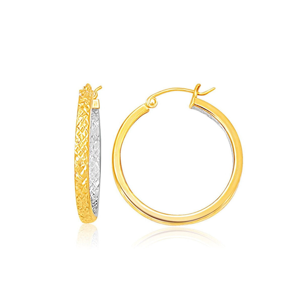 Two-Tone Yellow and White Gold Petite Patterned Hoop Earrings(3x25mm) by Avera Group