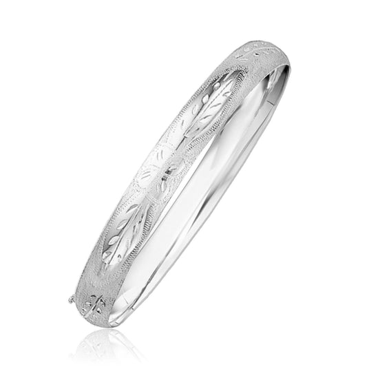 Classic Floral Carved Bangle in 14k White Gold (8.00 mm) by Avera Group