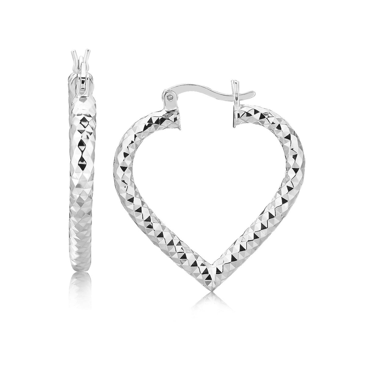 Sterling Silver Rhodium Plated Heart Style Hoop Diamond Cut Earrings(3x22mm) by Avera Group