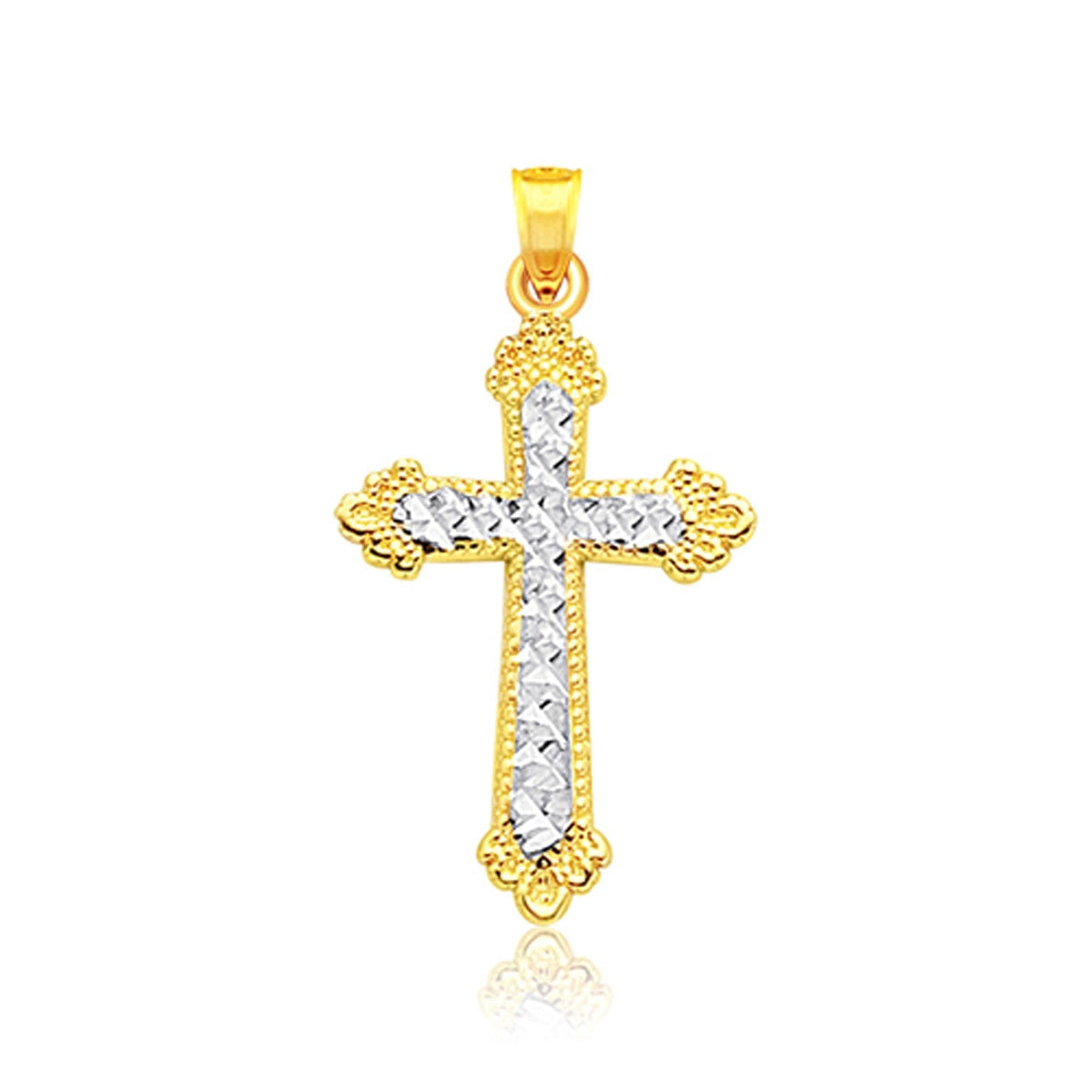 Diamond cut white gold cross on a yellow gold cross with floral ends, Avera Group