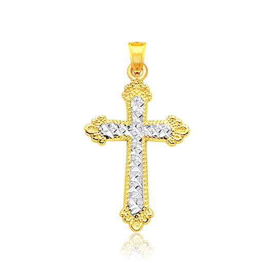 Diamond cut white gold cross on a yellow gold cross with floral ends, Avera Group