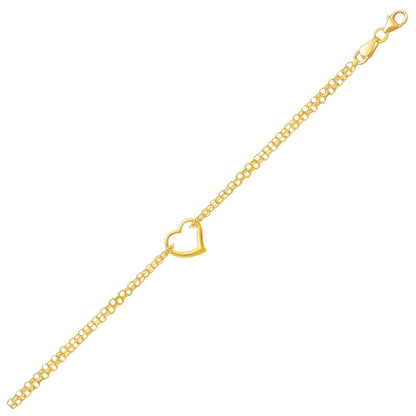 10 inch 14k yellow gold double rolo anklet with open heart station by Avera Group