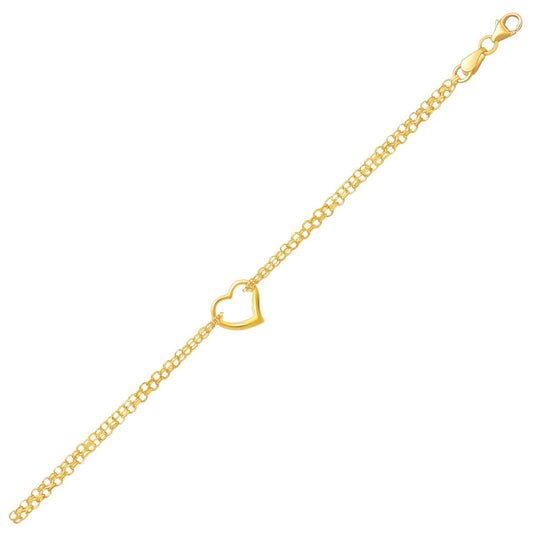10 inch 14k yellow gold double rolo anklet with open heart station by Avera Group