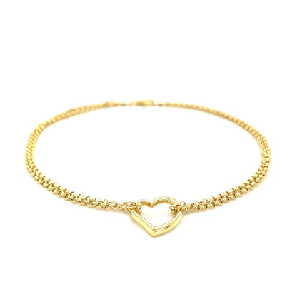 10 inch 14k yellow gold double rolo anklet with open heart station, Avera Group, view 2