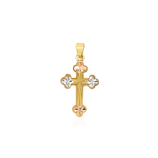 14k tri-color gold cross pendant with flower edge design, 1 inch, Avera Group