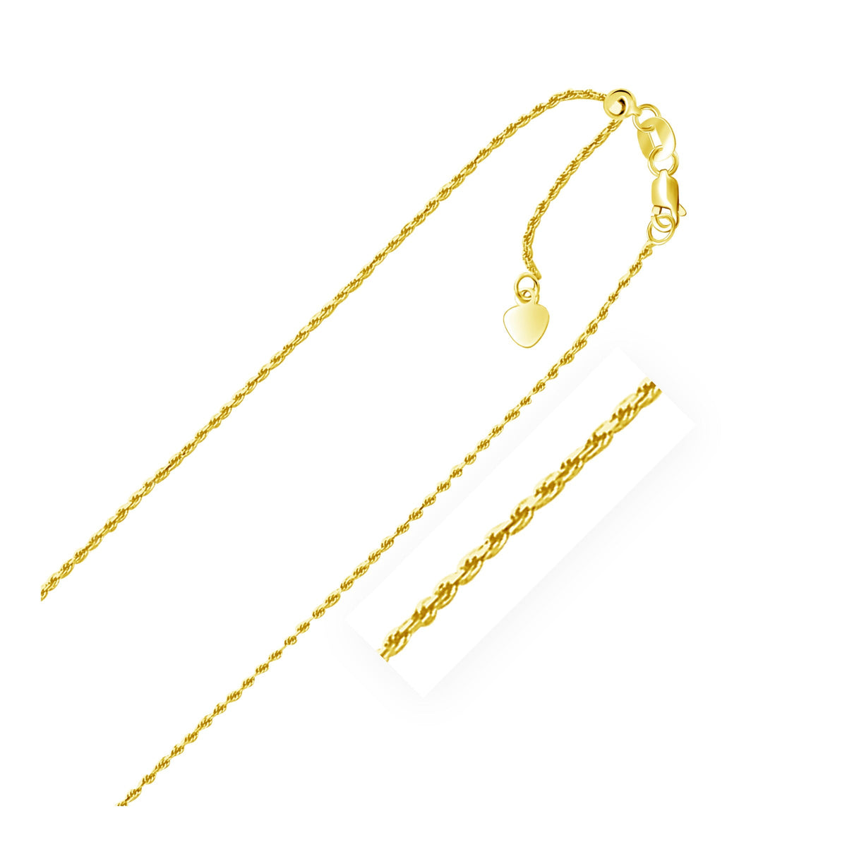 14k yellow gold adjustable rope chain 0.95mm with heart dangle by Avera Group