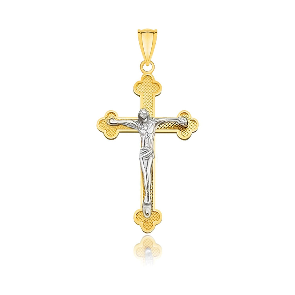 14k two-tone gold budded crucifix pendant with white figure, 1.30 inch, by Avera Group