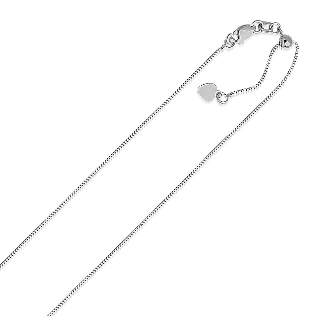 14k white gold adjustable box chain with heart dangle, 0.70mm, by Avera Group