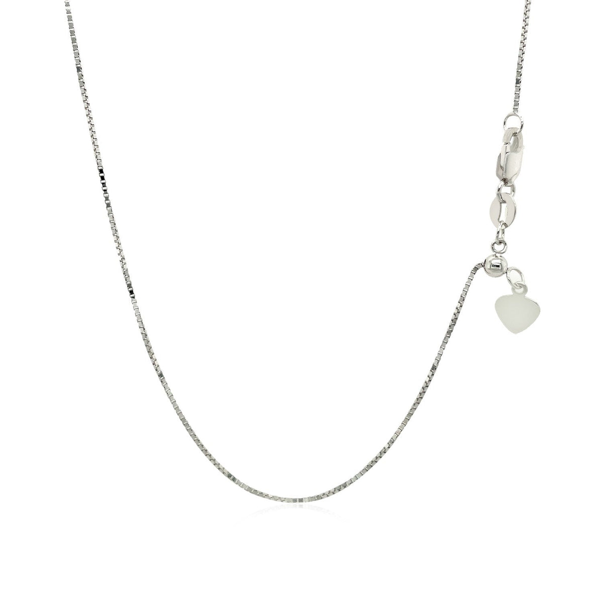 14k white gold adjustable box chain with heart dangle, 0.70mm, by Avera Group, view 3