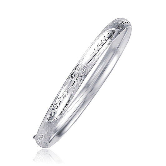Classic Floral Carved Bangle in 14k White Gold (5.00 mm) by Avera Group