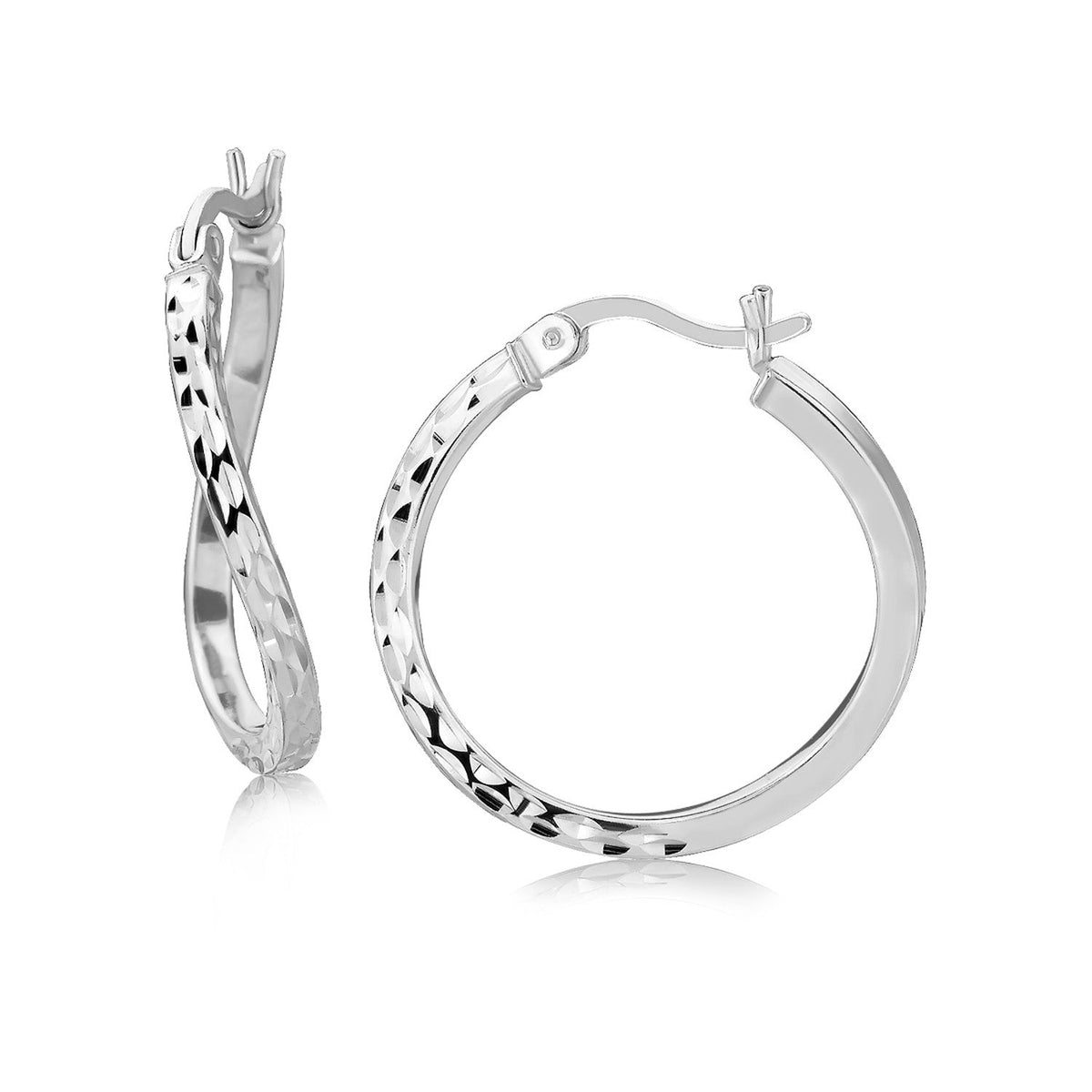 Sterling Silver Rhodium Plated Twist Style Hoop Diamond Cut Earrings (2x20mm) by Avera Group