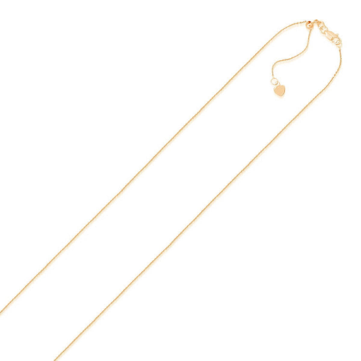 14k rose gold adjustable cable chain with heart dangle, 1.10mm, Avera Group