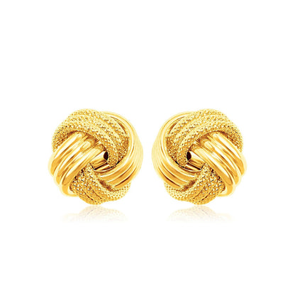14k yellow gold ridge texture love knot earrings, 9.65mm by Avera Group