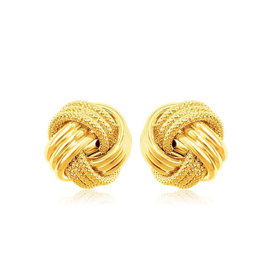 14k yellow gold ridge texture love knot earrings, 9.65mm by Avera Group