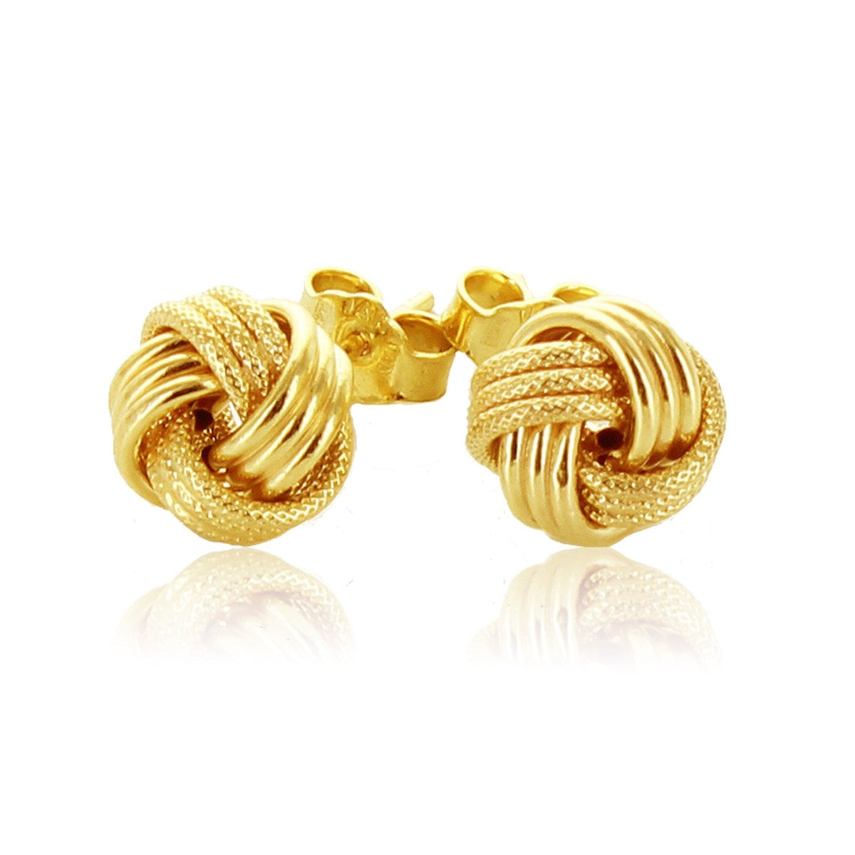 14k yellow gold ridge texture love knot earrings, 9.65mm by Avera Group, view 2