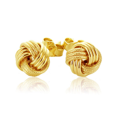 14k yellow gold ridge texture love knot earrings, 9.65mm by Avera Group, view 2