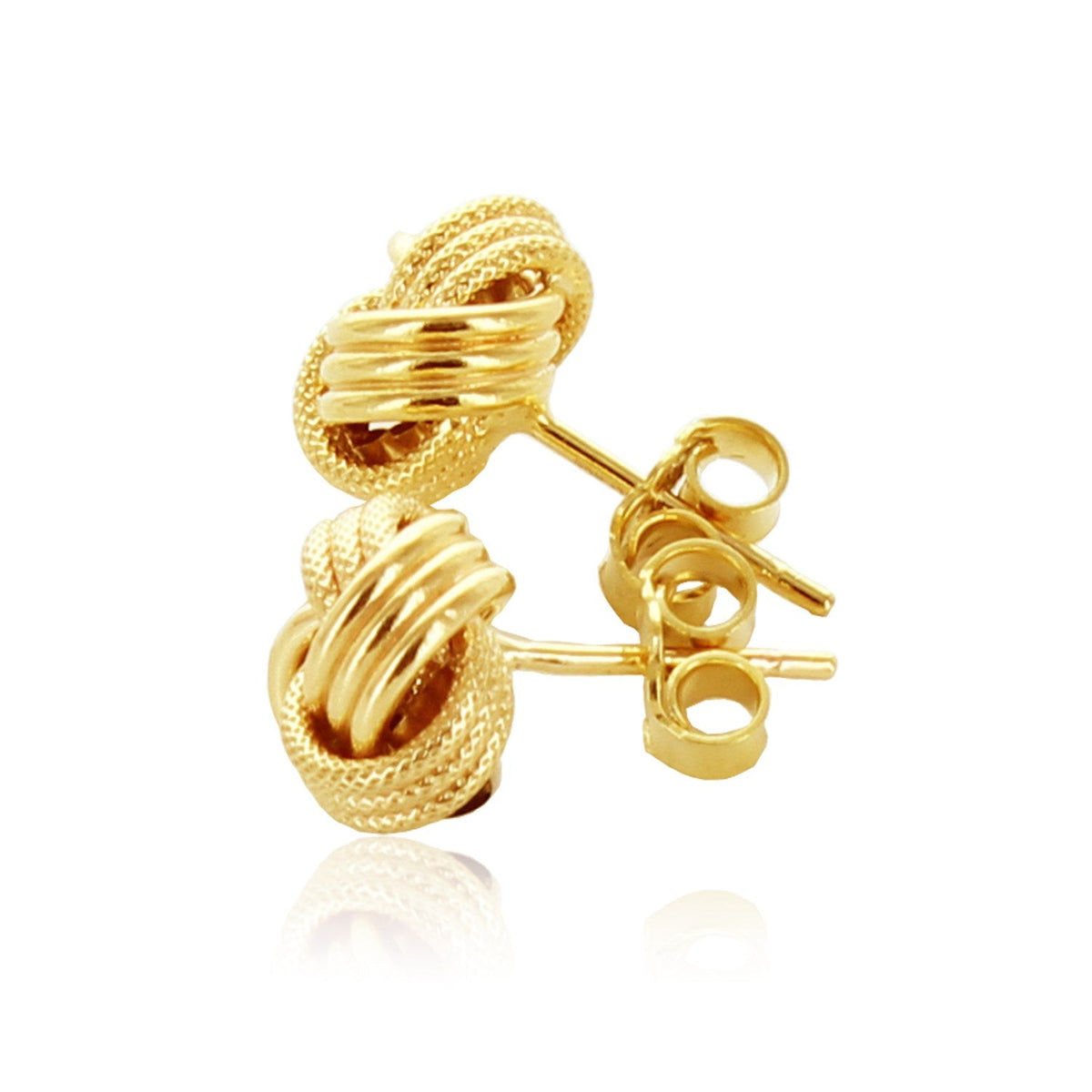 14k yellow gold ridge texture love knot earrings, 9.65mm by Avera Group, view 3