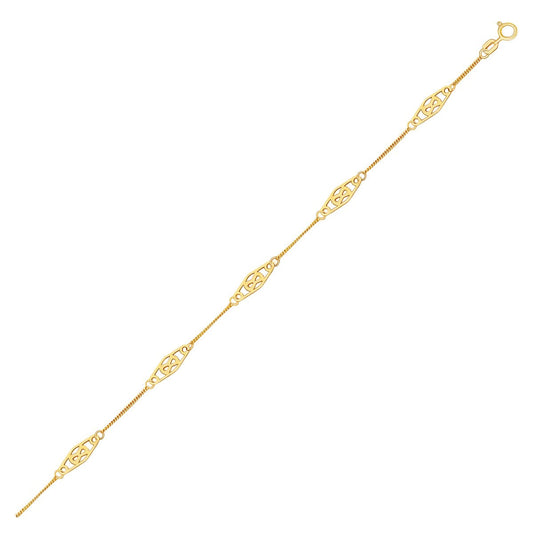 14k yellow gold curb anklet with diamond-shape filigree stations by Avera Group