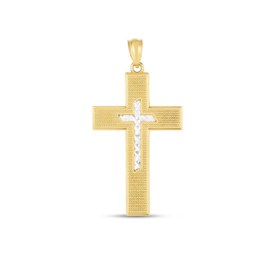 14k two-tone gold diamond-cut cross pendant, 1.50 x 0.75 inch, by Avera Group