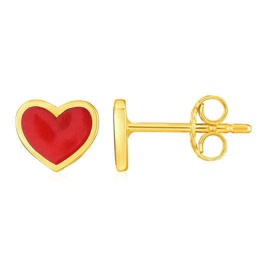 14k yellow gold and red enamel heart stud earrings by Avera Group