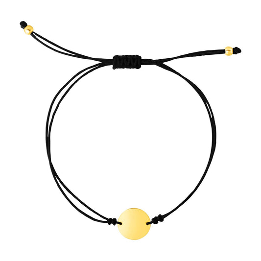 Black cord adjustable bracelet with 14k yellow gold circle by Avera Group