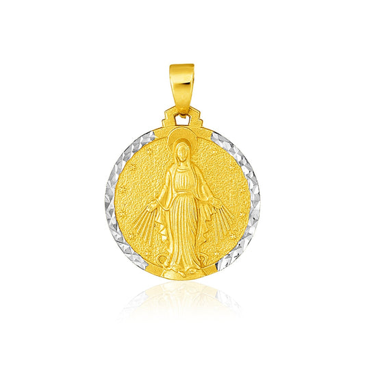 14k two-tone gold round religious medal pendant, 0.75 inch, by Avera Group