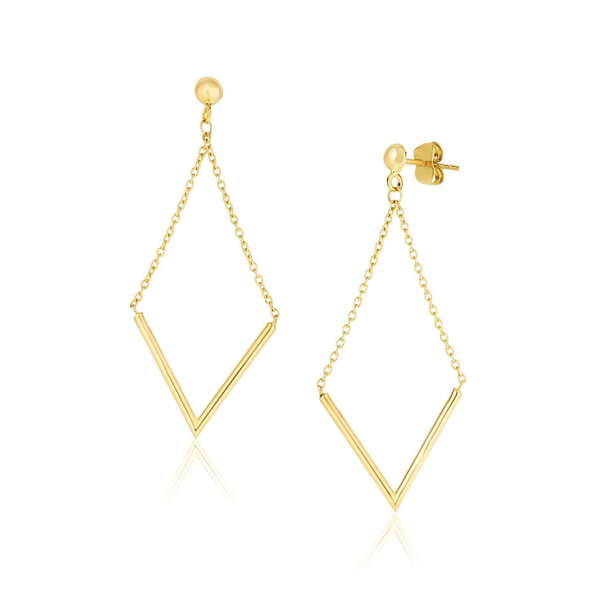 45mm 14k yellow gold drop earrings with V-shaped bars on cable chains by Avera Group