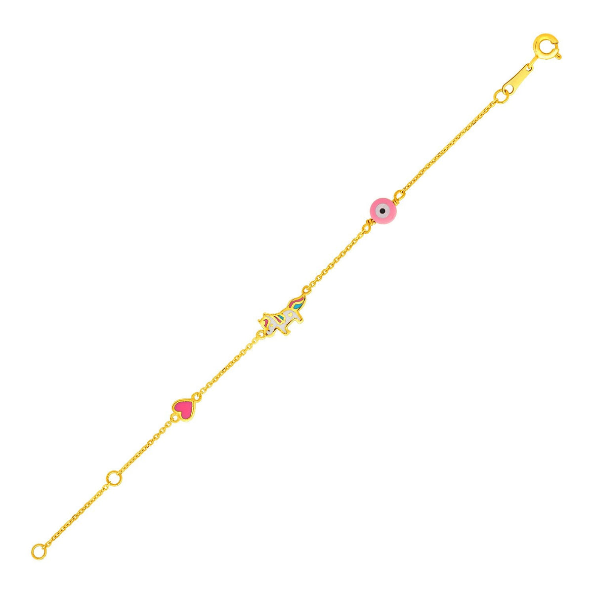 14k yellow gold children's bracelet with enameled heart, unicorn and circle by Avera Group