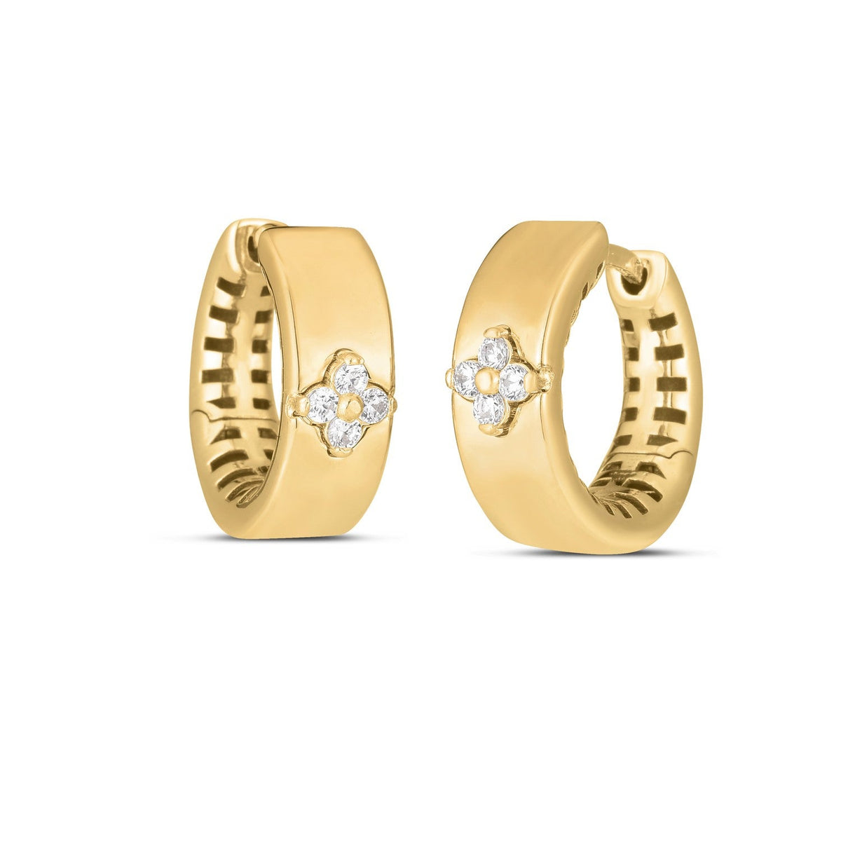 14k yellow gold trilogy diamond clover hoop earrings, Avera Group, view 2